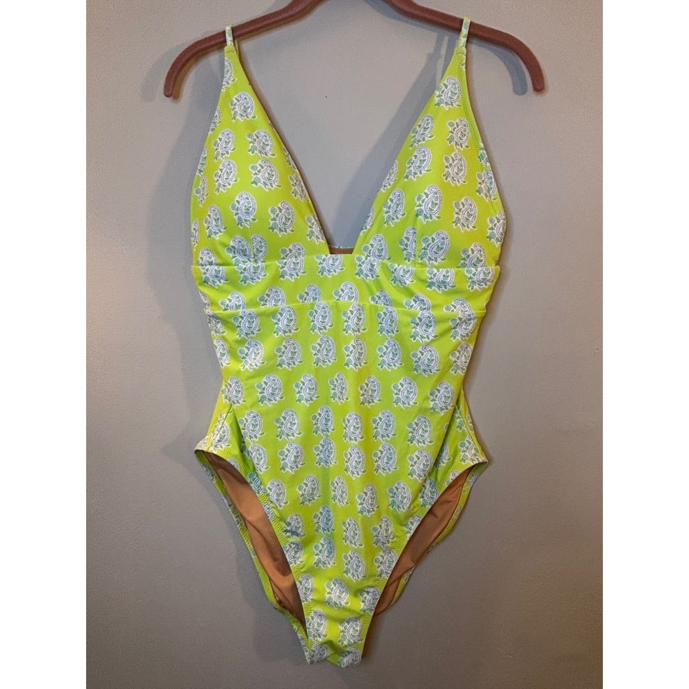 SZ J Crew Lime Green Paisley One Piece Bathing Swim Suit 14